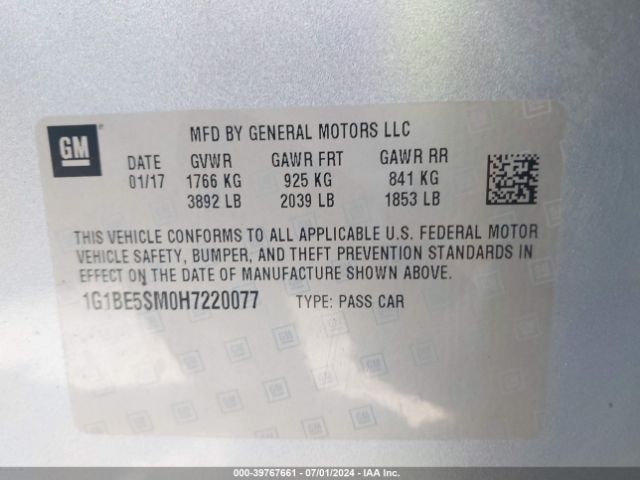 1G1BE5SM0H7220077 Chevrolet Cruze Lt Auto