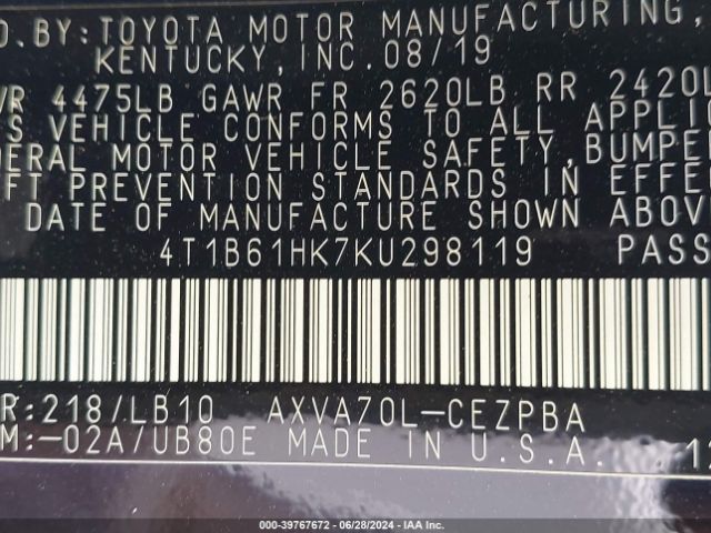 4T1B61HK7KU298119 Toyota CAMRY XSE