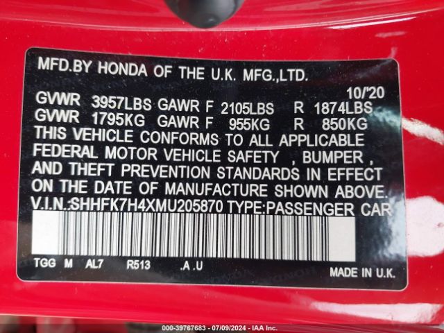 SHHFK7H4XMU205870 Honda Civic Sport
