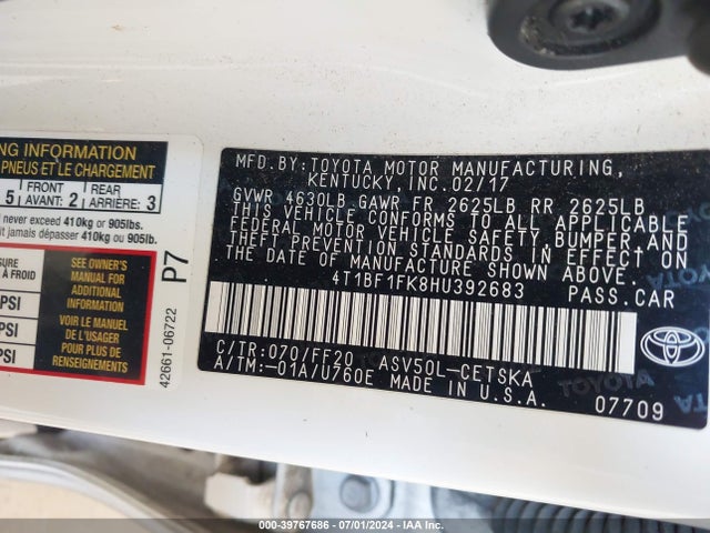 Toyota CAMRY SE 2017 4T1BF1FK8HU392683 Image 9