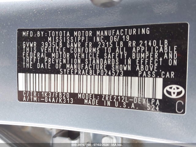 Toyota COROLLA LE 2020 5YFEPRAE8LP024573 Image 9