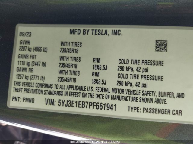 5YJ3E1EB7PF661941 Tesla Model 3 Long Range Dual Motor All-wheel Drive