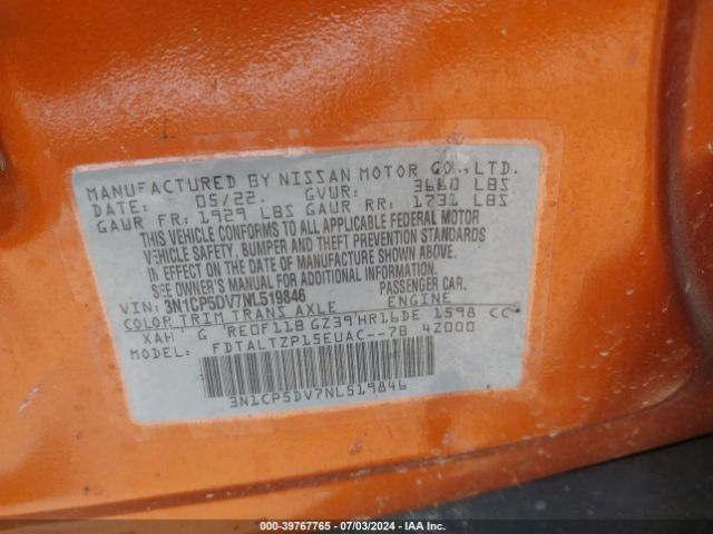 3N1CP5DV7NL519846 Nissan Kicks Sr Xtronic Cvt