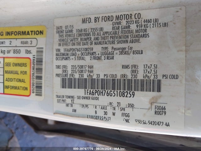 Ford FUSION SE 2016 1FA6P0H76G5108259 Image 9