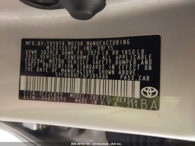 5YFBURHE7GP385686 Toyota Corolla S