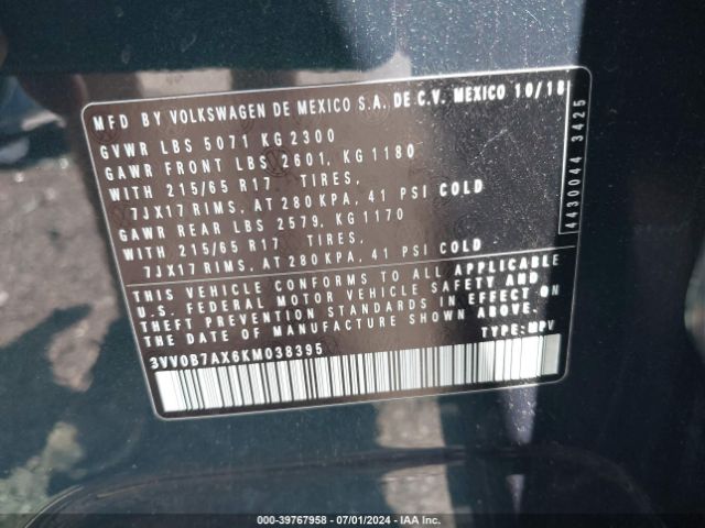 3VV0B7AX6KM038395 Volkswagen Tiguan 2.0t S