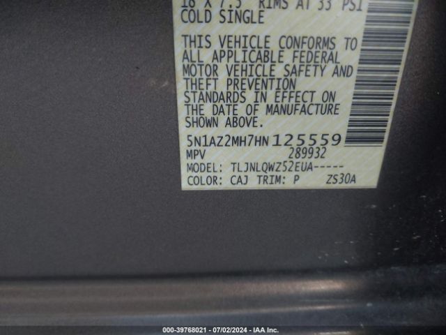 5N1AZ2MH7HN125559 Nissan MURANO SV