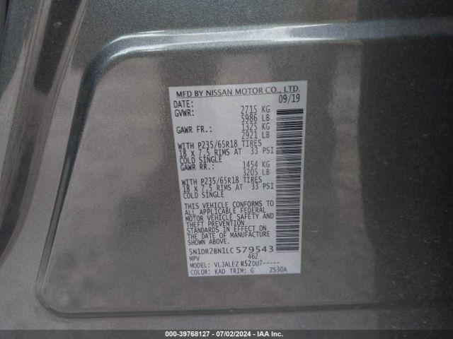 5N1DR2BN1LC579543 Nissan Pathfinder Sv 2wd