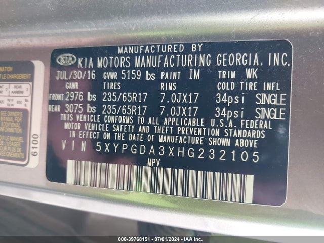 39768151 :رقم المزاد ، 5XYPGDA3XHG232105 vin ، 2017 Kia Sorento 2.4l Lx مزاد بيع