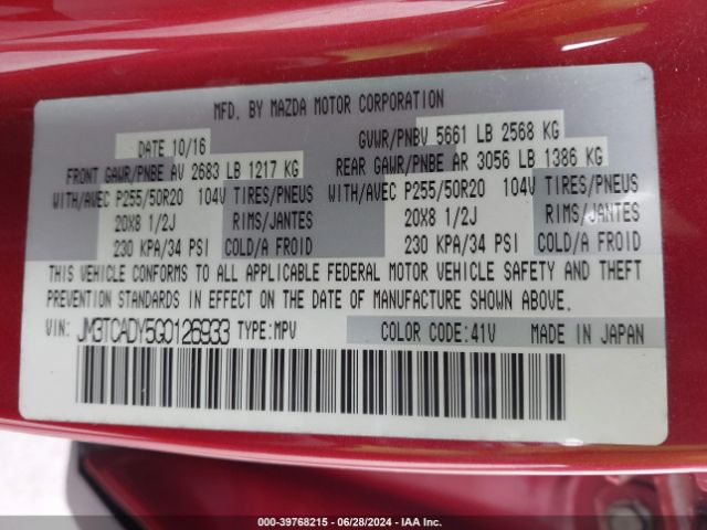 JM3TCADY5G0126933 Mazda Cx-9 Grand Touring