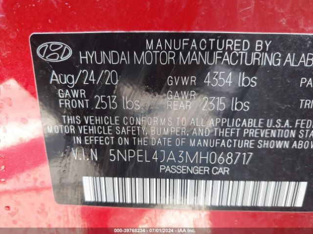 5NPEL4JA3MH068717 Hyundai SONATA SEL