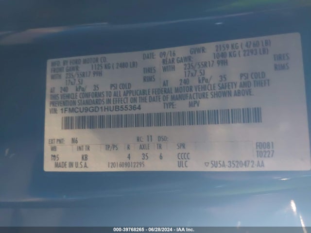 Ford ESCAPE SE 2017 1FMCU9GD1HUB55364 Image 9