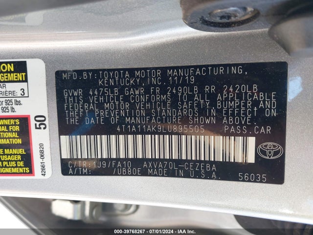 Toyota CAMRY L 2020 4T1A11AK9LU895505 Image 9