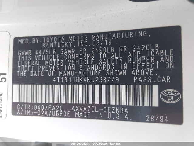Toyota CAMRY LE 2019 4T1B11HK4KU238779 Image 9