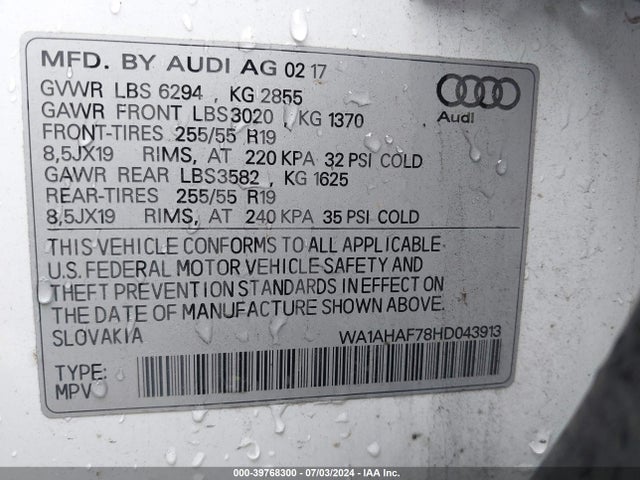 WA1AHAF78HD043913 Audi Q7 2.0t Premium
