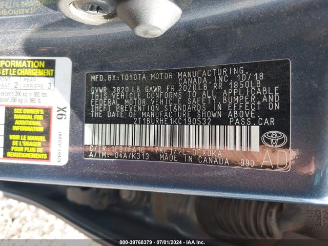 Toyota COROLLA L 2019 2T1BURHE1KC190532 Image 9