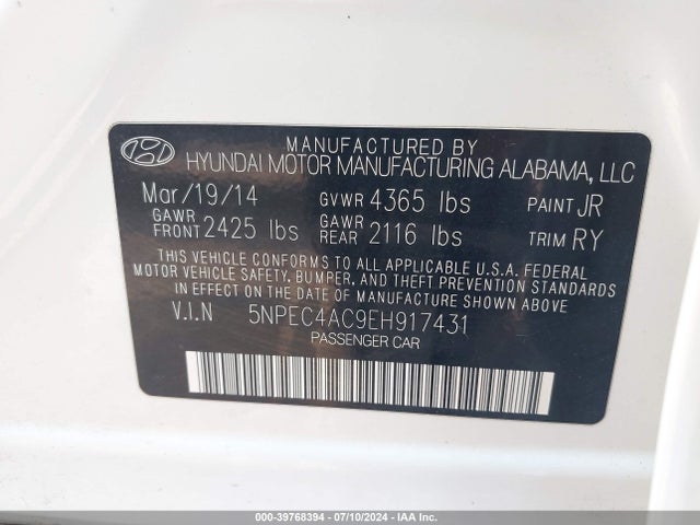 Hyundai SONATA SE 2014 5NPEC4AC9EH917431 Image 9