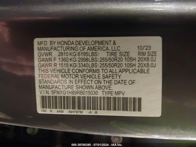 Honda Pilot Awd Elite 2024 5FNYG1H89RB015030 Image 9
