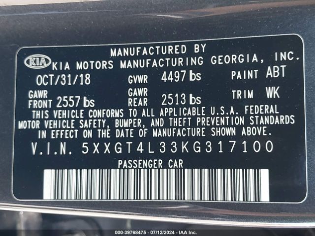 5XXGT4L33KG317100 KIA Optima S