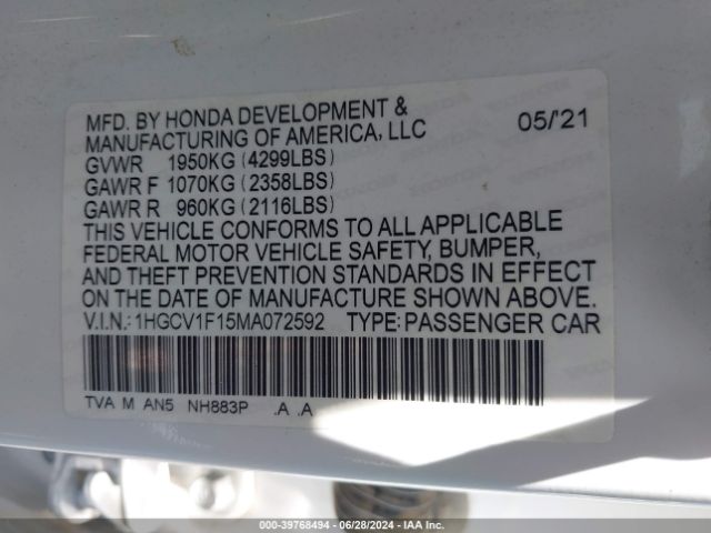 1HGCV1F15MA072592 Honda ACCORD LX
