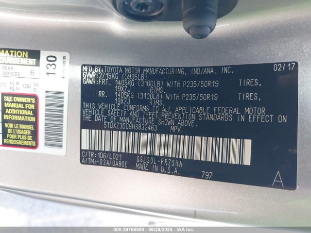 5TDXZ3DC8HS832463 Toyota Sienna Se Premium 8 Passenger