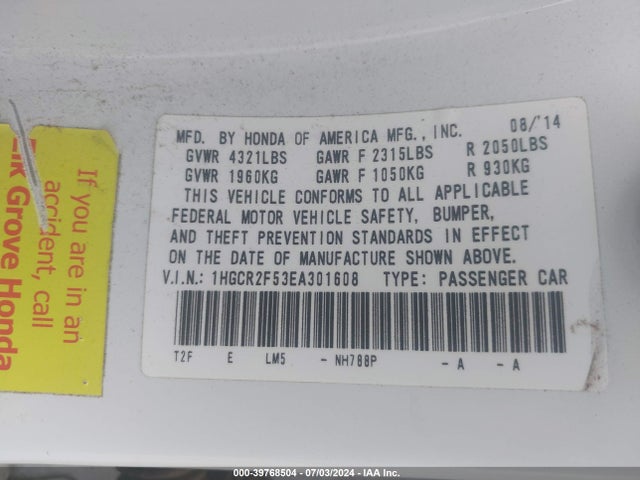 Honda Accord Sport 2014 1HGCR2F53EA301608 Image 9