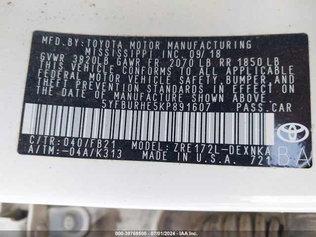 Toyota COROLLA LE 2019 5YFBURHE5KP891607 Image 9