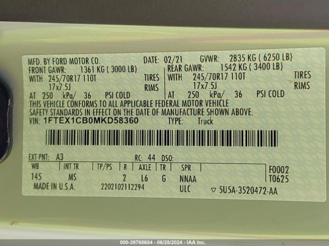 1FTEX1CB0MKD58360 Ford F-150 Xlt