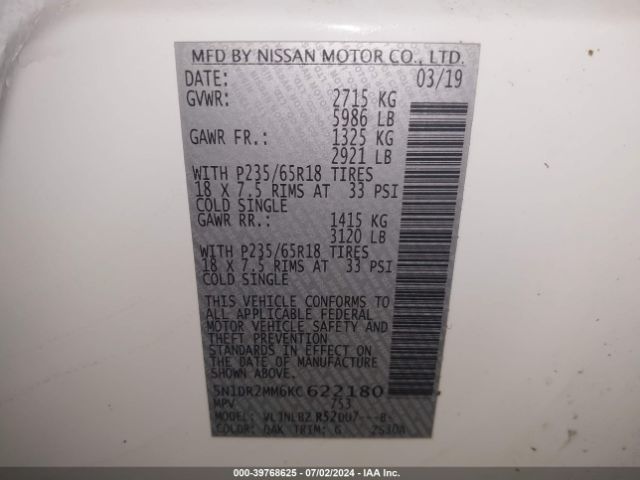 5N1DR2MM6KC622180 Nissan Pathfinder S