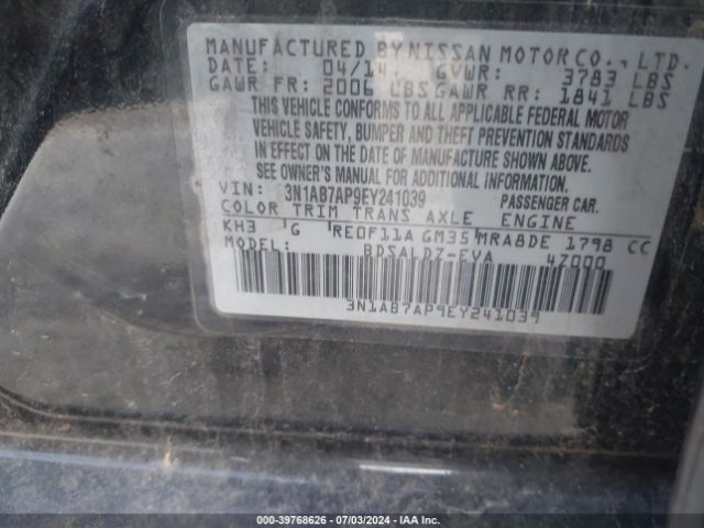 3N1AB7AP9EY241039 Nissan Sentra Fe+ S/fe+ Sv/s/sl/sr/sv