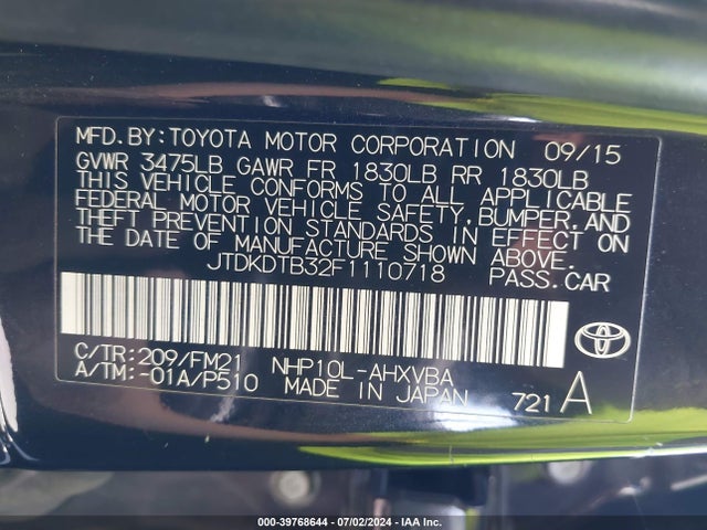 Toyota Prius C Two 2015 JTDKDTB32F1110718 Image 9