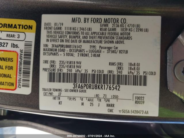 2019 FORD FUSION HYBRID 3FA6P0RU8KR176542 Photo 8