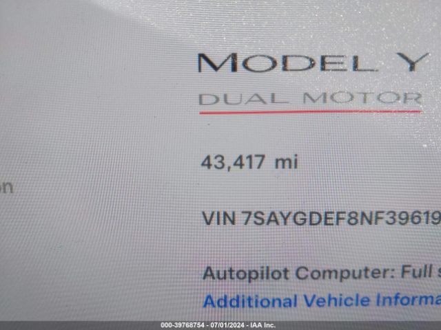 7SAYGDEF8NF396192 Tesla Model Y Performance Dual Motor All-wheel Drive