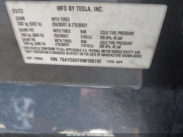 7SAYGDEF8NF396192 Tesla Model Y Performance Dual Motor All-wheel Drive