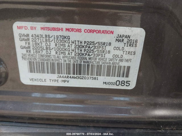 JA4AR4AW3GZ037581 Mitsubishi Outlander Sport 2.4 Gt/2.4 Sel