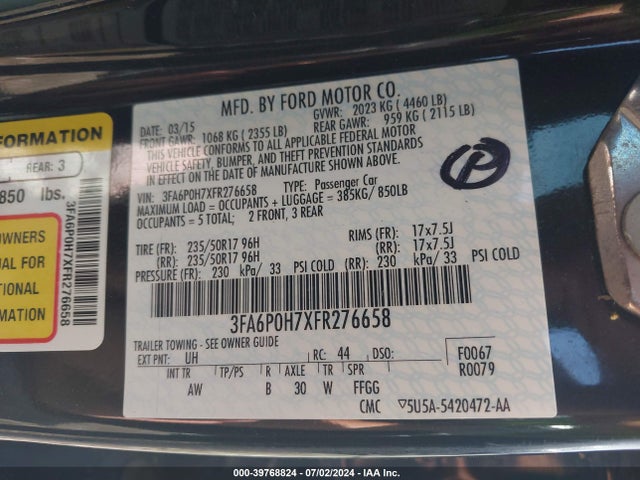 Ford FUSION SE 2015 3FA6P0H7XFR276658 Image 9