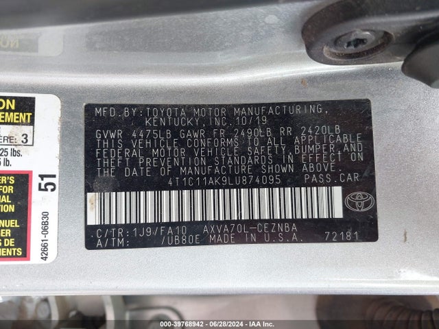 Toyota CAMRY LE 2020 4T1C11AK9LU874095 Image 9