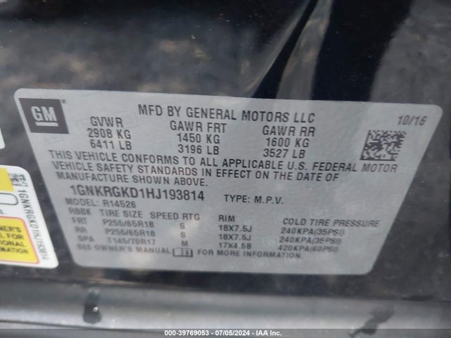 Chevrolet Traverse 1lt 2017 1GNKRGKD1HJ193814 Image 9