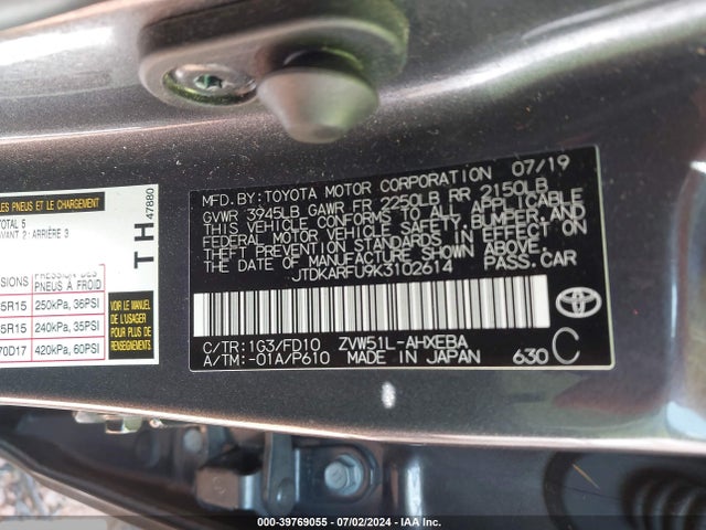 Toyota Prius Le 2019 JTDKARFU9K3102614 Image 9