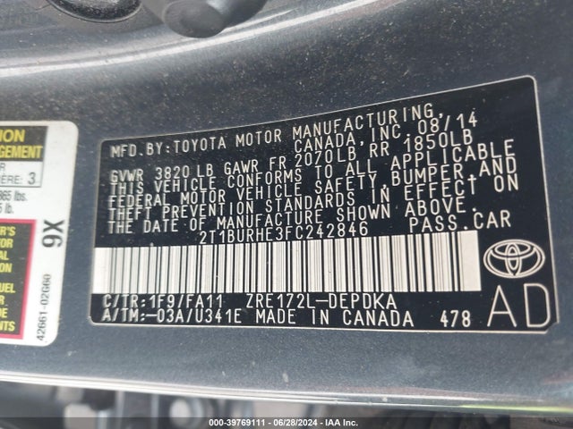 Toyota COROLLA L 2015 2T1BURHE3FC242846 Image 9