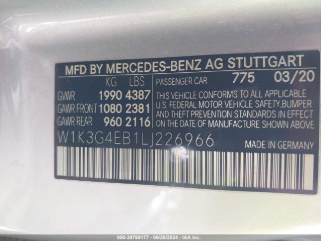 W1K3G4EB1LJ226966 Mercedes-Benz A 220