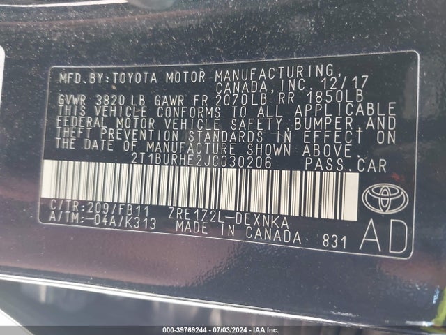 Toyota COROLLA LE 2018 2T1BURHE2JC030206 Image 9