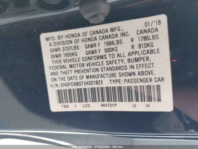 2HGFC4B07JH301823 Honda Civic Lx-p