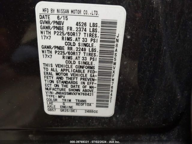 JN8AS5MVXFW768421 Nissan Rogue Select S