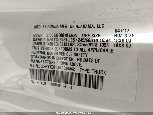 Honda Ridgeline Rtl-t 2017 5FPYK3F64HB034442 Image 9