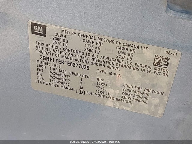 Chevrolet EQUINOX 1LT 2014 2GNFLFEK1E6377036 Image 9