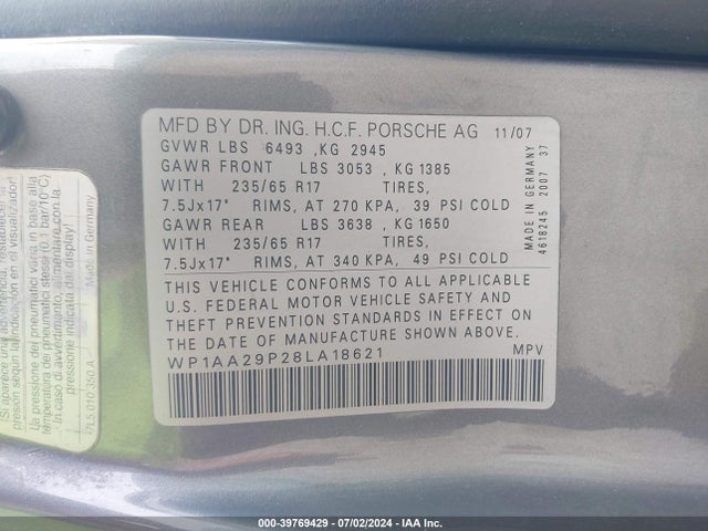 2008 PORSCHE CAYENNE WP1AA29P28LA18621 Photo 8