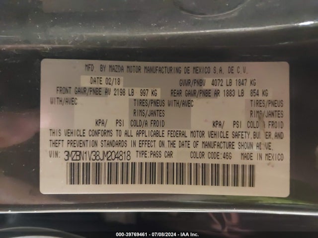 3MZBN1V38JM204818 Mazda Mazda3 Touring