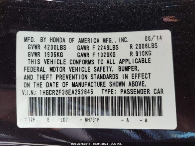1HGCR2F36EA252645 Honda ACCORD LX