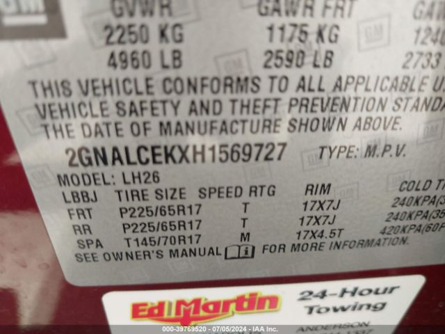 Chevrolet EQUINOX LT 2017 2GNALCEKXH1569727 Image 9